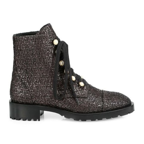 Stuart Weitzman Reysen Metallic Tweed Leather Combat Boots in Coffee 7.5 - Picture 1 of 8